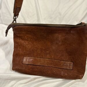 Womens Brown Maxon Italian Zip Closure Small Leather Crossbody Clutch Bag Purse.